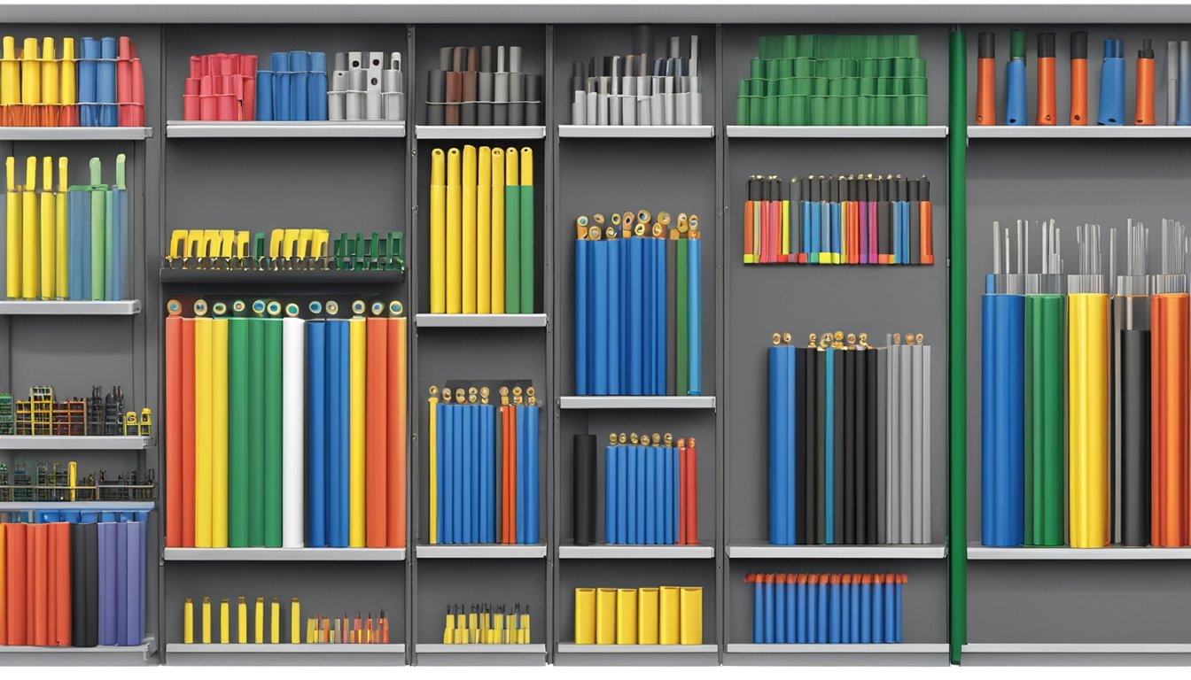 A hardware store shelf displays various sizes and colors of heat shrink tubing in Singapore