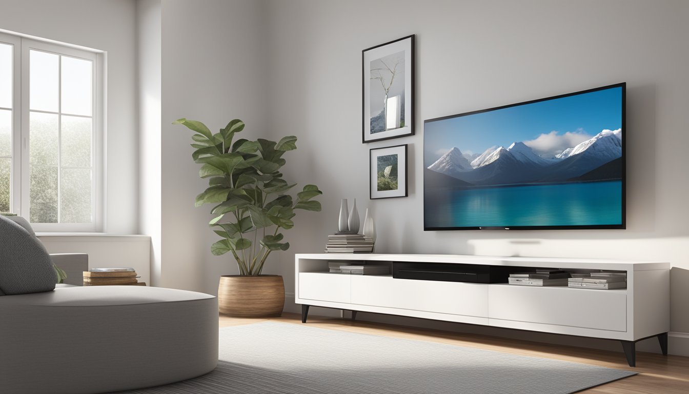A sleek, modern TV console sits against a clean, white wall, with a large flat-screen TV mounted above. The console features ample storage space and a minimalist design, adding a touch of sophistication to the living room