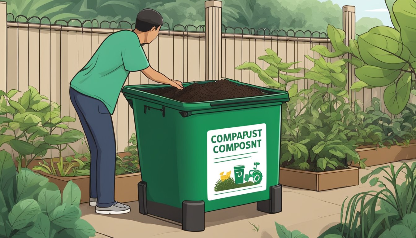 A person placing organic waste into a compost bin in a Singaporean garden, with a sign nearby listing frequently asked questions about composting