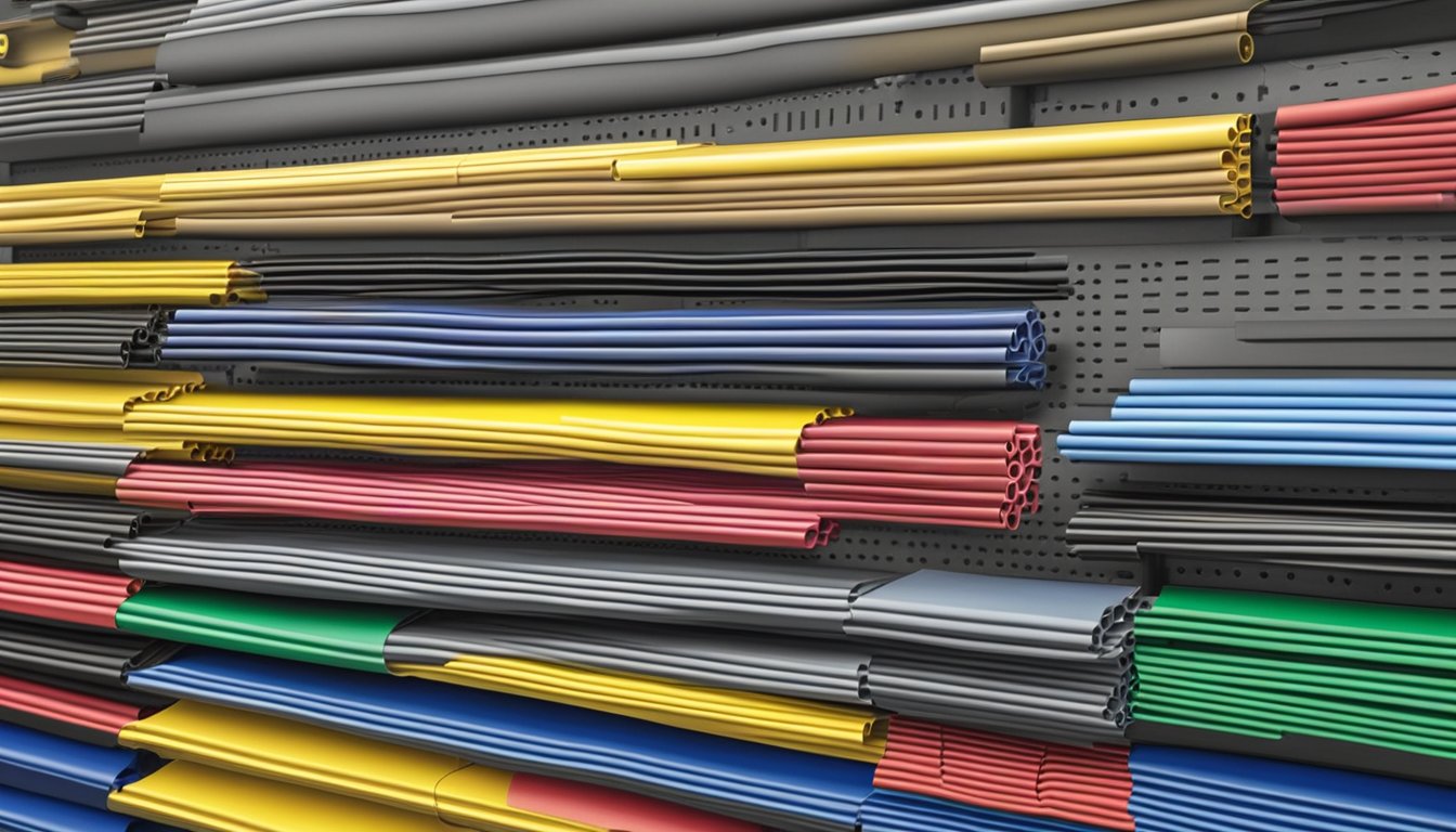A shelf filled with various sizes and colors of heat shrink tubing, displayed in a hardware store in Singapore