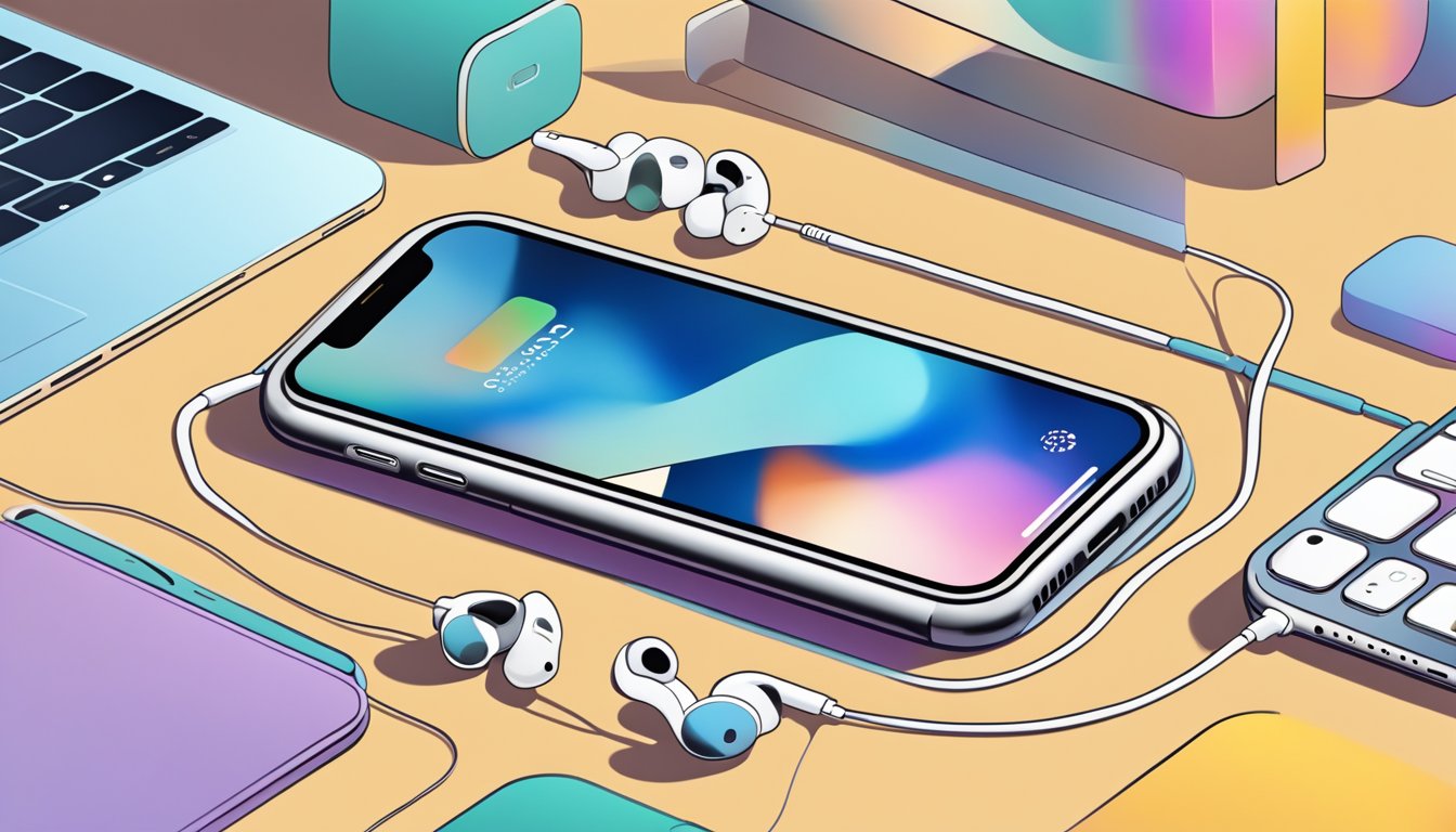 A hand reaches for a sleek iPhone in its packaging. A charging cable and headphones are neatly arranged nearby. A smiling emoji pops up on the screen