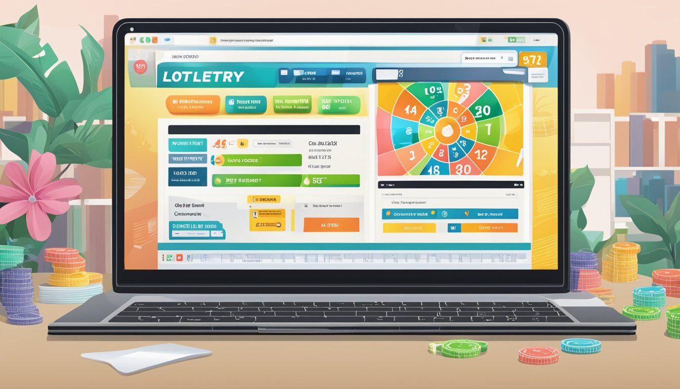 A computer screen displays a 4D lottery website with a cursor clicking on numbers to place a bet online in Singapore