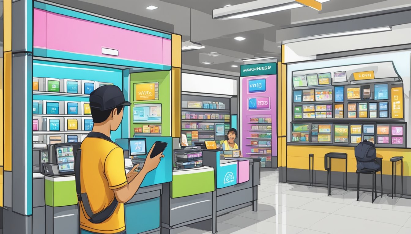 A traveler purchasing an Indonesian SIM card at a Singaporean mobile phone store