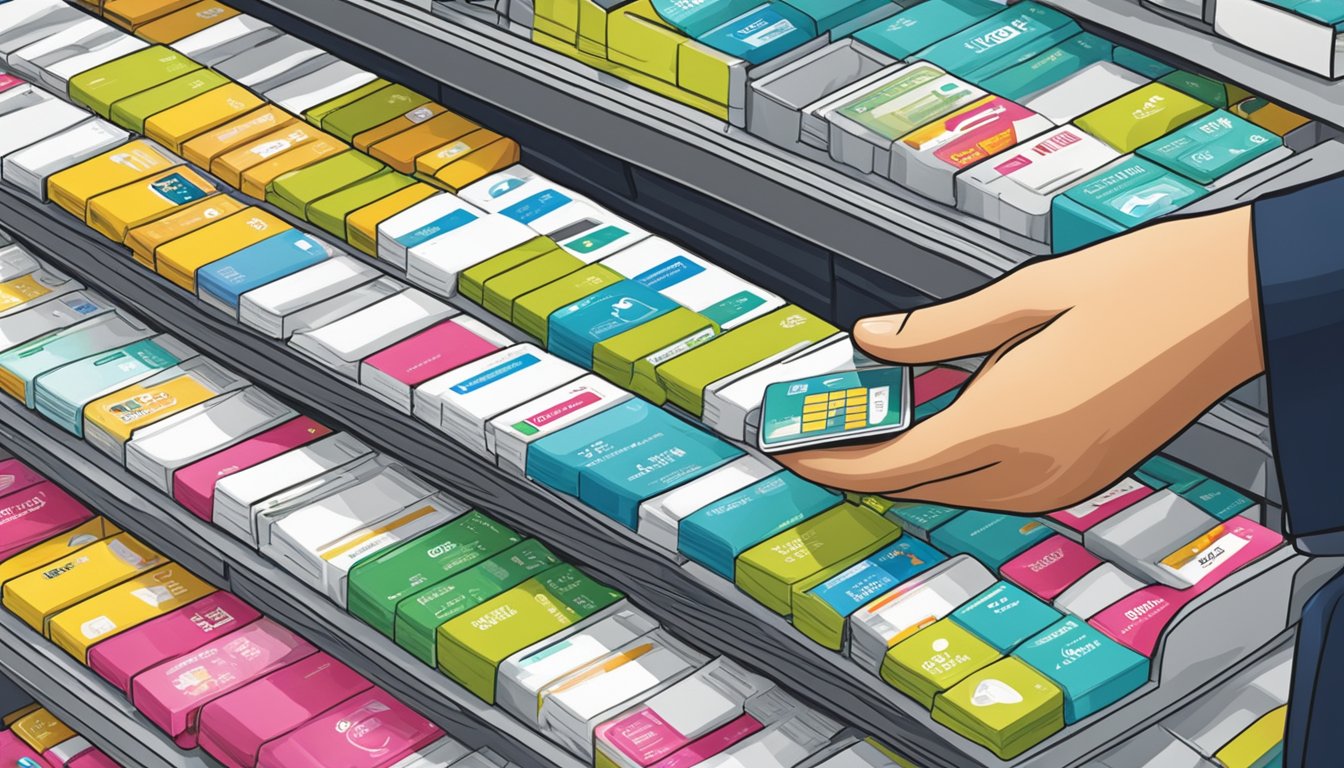 An illustration of a hand reaching for Indonesian SIM cards on a store shelf in Singapore