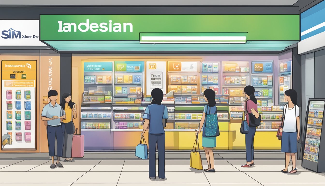 A person purchasing an Indonesian SIM card at a store in Singapore, with signage indicating "Indonesian SIM Cards Available Here" and a display of different SIM card options