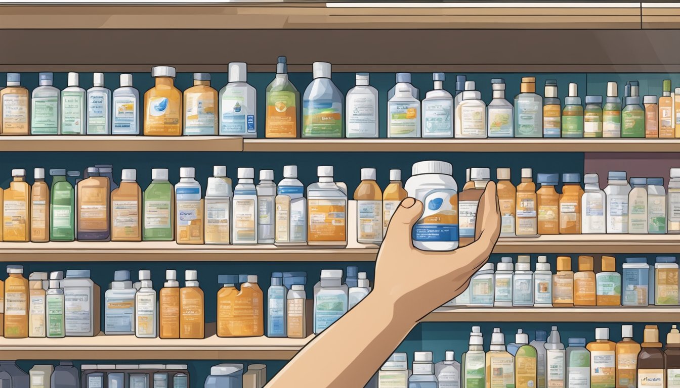 A hand reaches for a bottle of iodine solution on a pharmacy shelf in Singapore