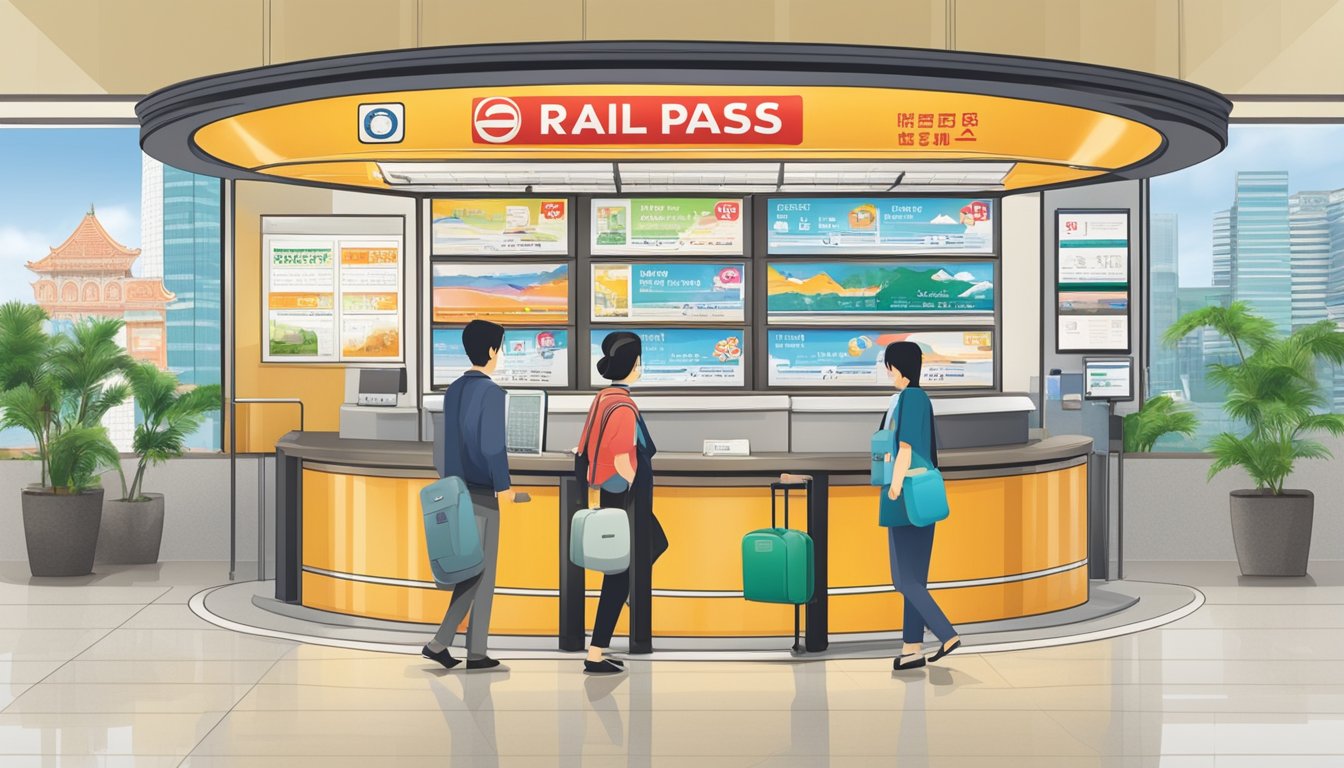 A travel agency counter in Singapore with a sign advertising "Japan Rail Pass" prominently displayed