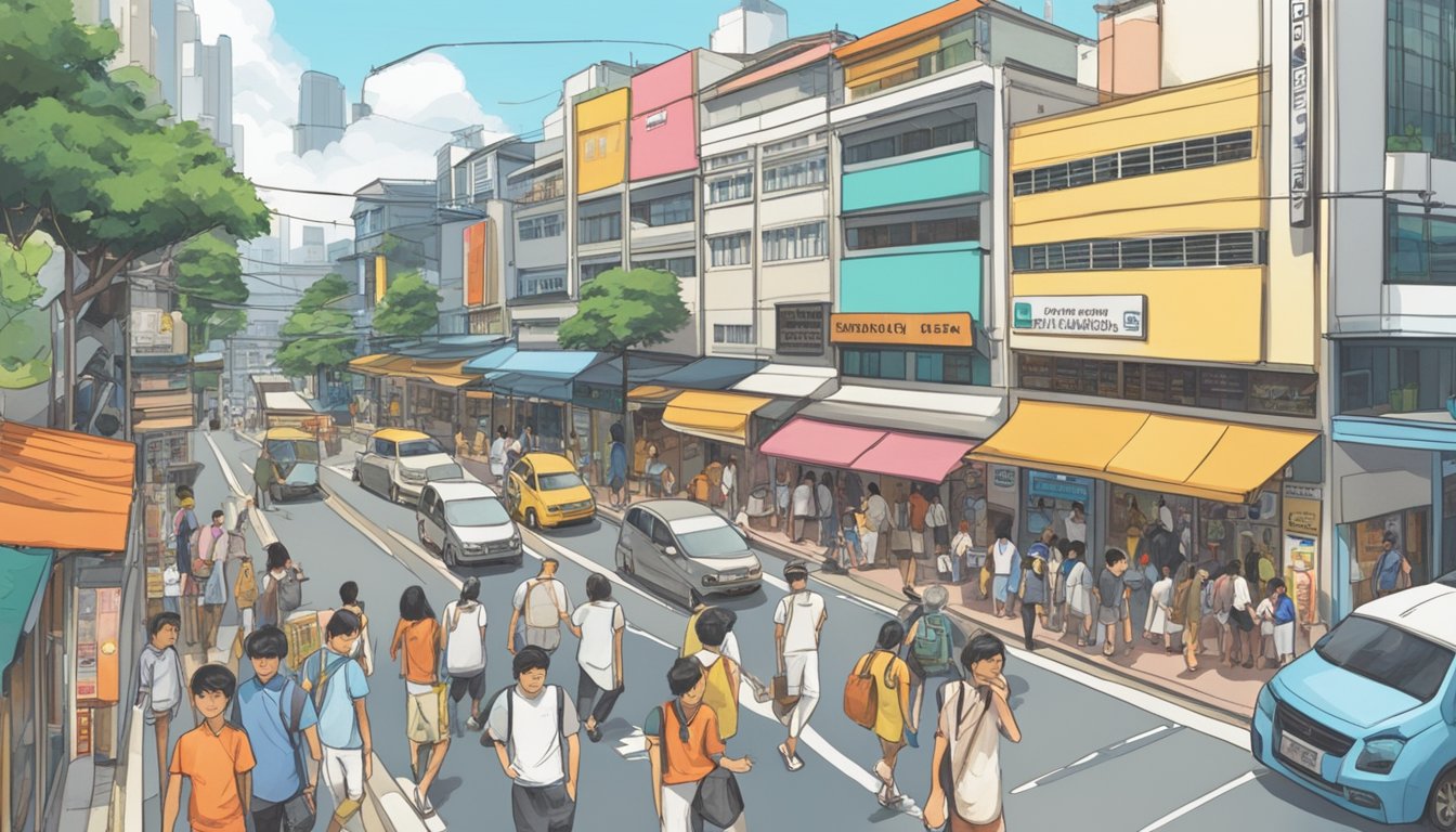 A bustling street in Singapore, with a prominent sign reading "Indonesian SIM Cards Available Here." Pedestrians are seen inquiring at the shop