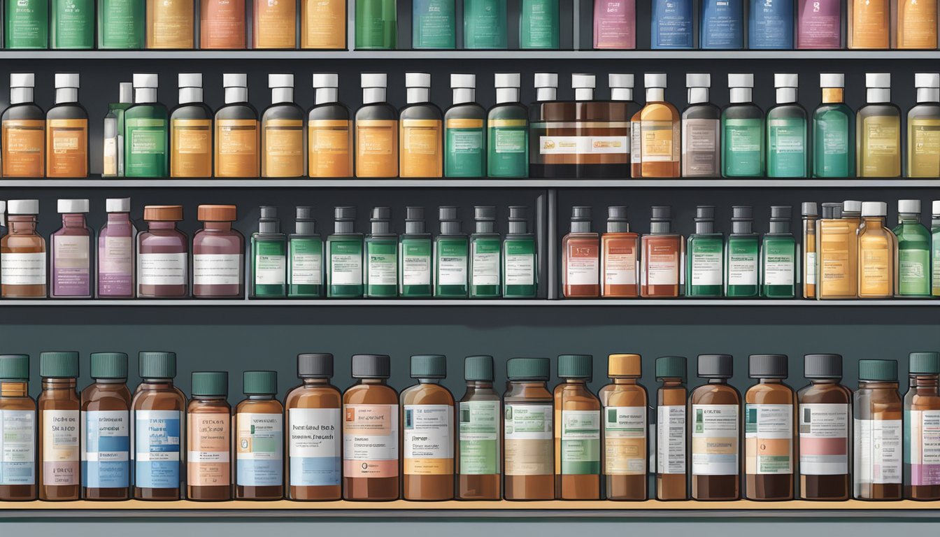 A pharmacy shelf displays iodine solution bottles in Singapore