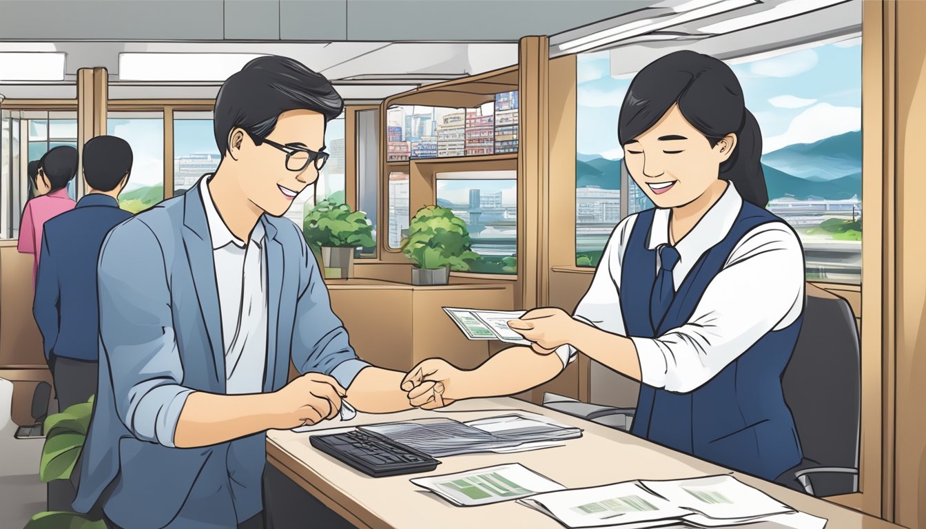 A customer at a travel agency in Singapore buys a Japan Rail Pass from a salesperson
