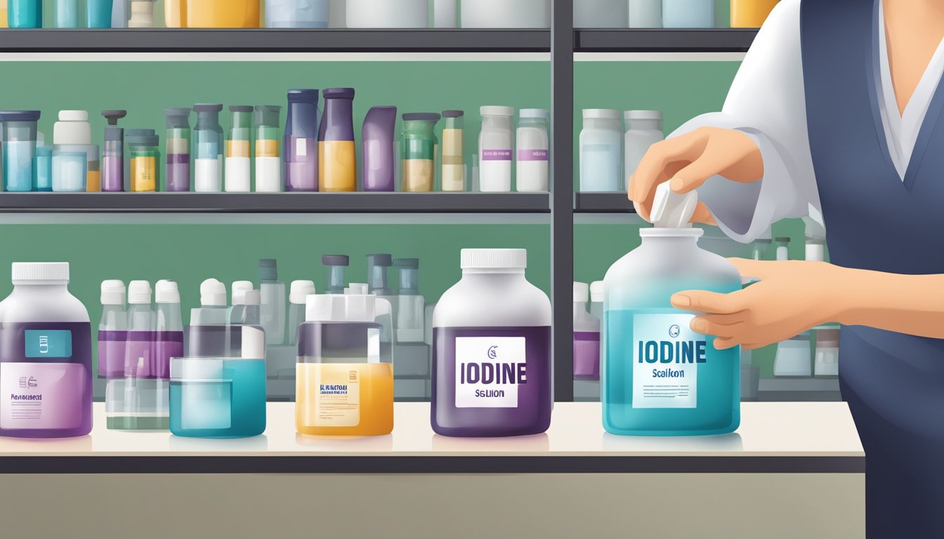 A hand pouring iodine solution into a container, with a clear label indicating "Iodine Solution" in a pharmacy or laboratory setting in Singapore