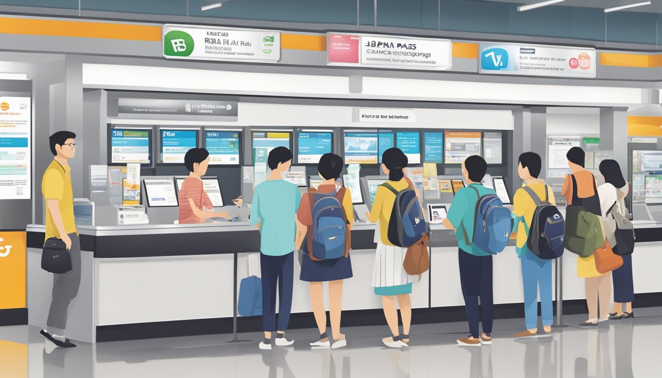 Passengers purchasing Japan Rail Pass at a ticket counter in a bustling Singapore train station. Signs and brochures display information about the pass