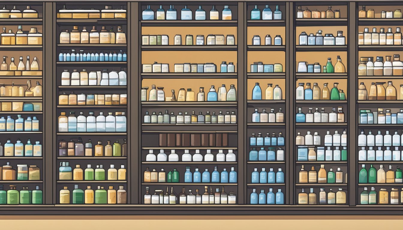 Shelves stocked with iodine solution bottles, sign "Frequently Asked Questions: where to buy iodine solution" in a Singapore pharmacy