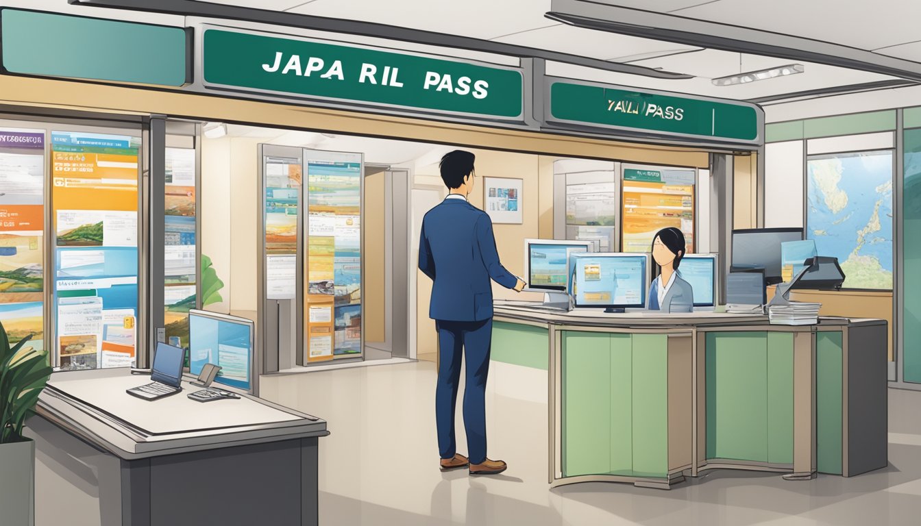 A customer at a travel agency desk in Singapore, asking about purchasing a Japan Rail Pass. Display of brochures and tickets visible