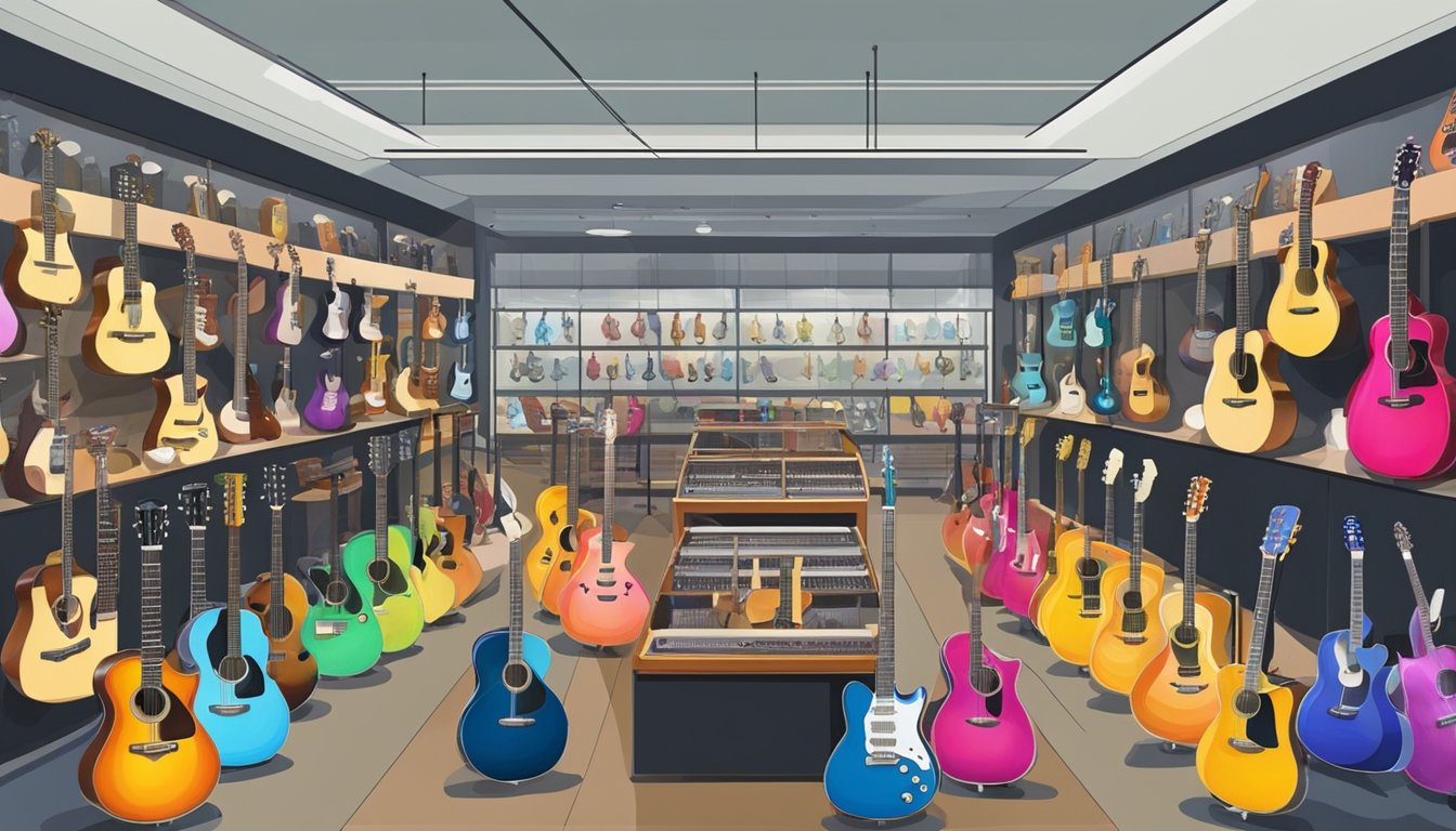 A music store in Singapore sells guitars. The shop is filled with rows of shiny, colorful guitars displayed on the walls and in glass cases. Customers browse the selection, trying out different instruments to find the perfect one