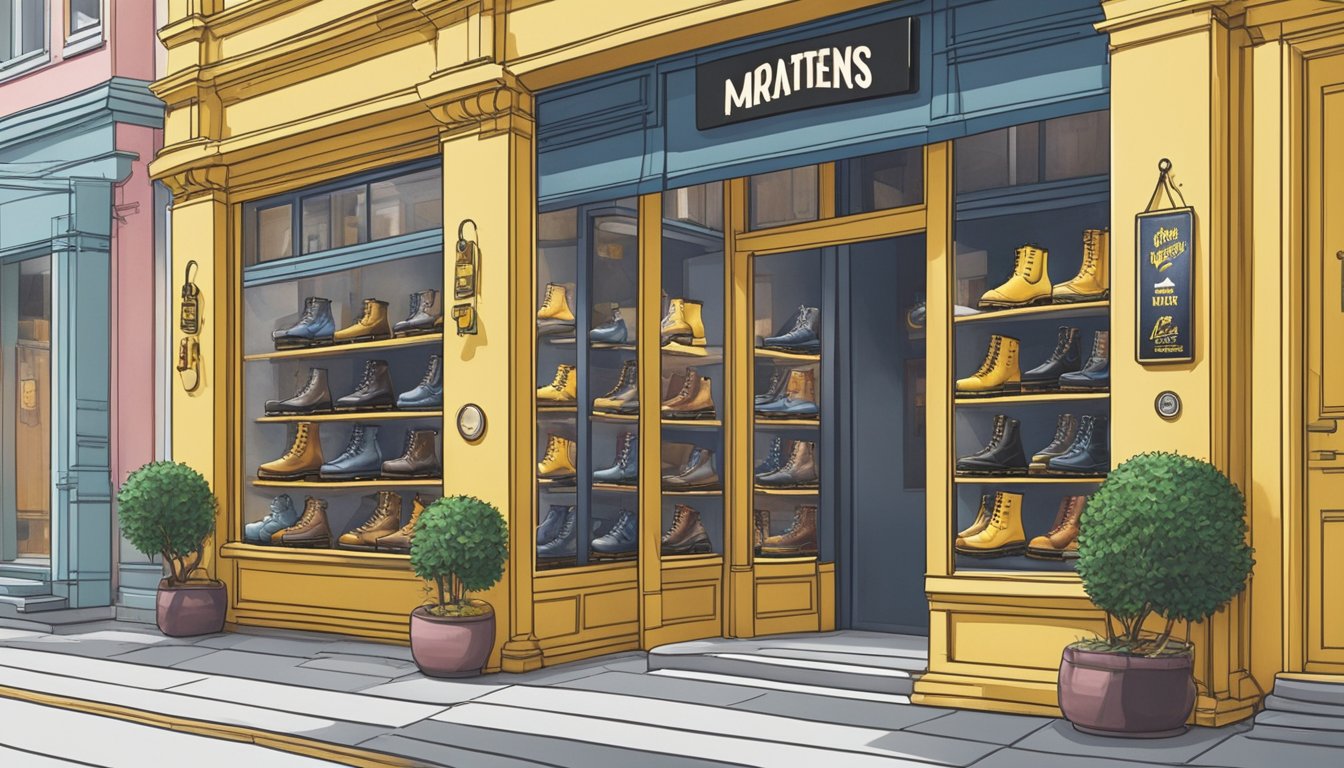 A storefront in Singapore displays Dr. Martens boots in various styles and sizes, with a sign indicating it is a retailer for the brand