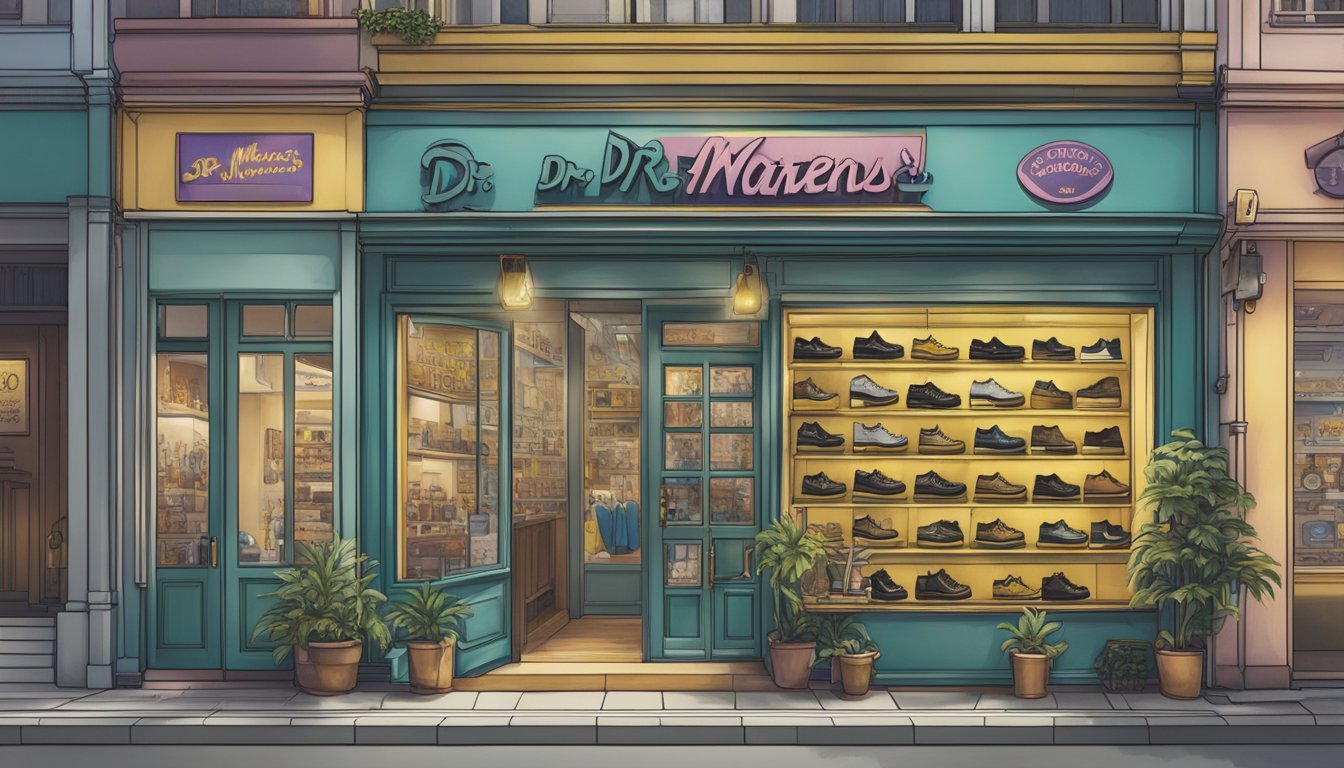 A storefront in Singapore displays various Dr. Martens footwear, with a prominent sign indicating where to purchase the iconic brand
