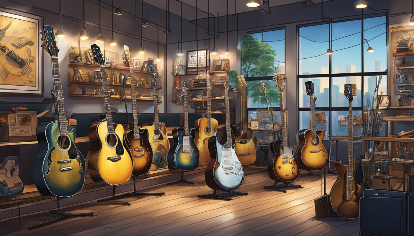 A guitar shop in Singapore showcases a variety of instruments, from acoustic to electric, displayed on the walls and stands. Bright lights highlight the glossy finishes and intricate designs, while the air is filled with the sound of customers testing out different guitars
