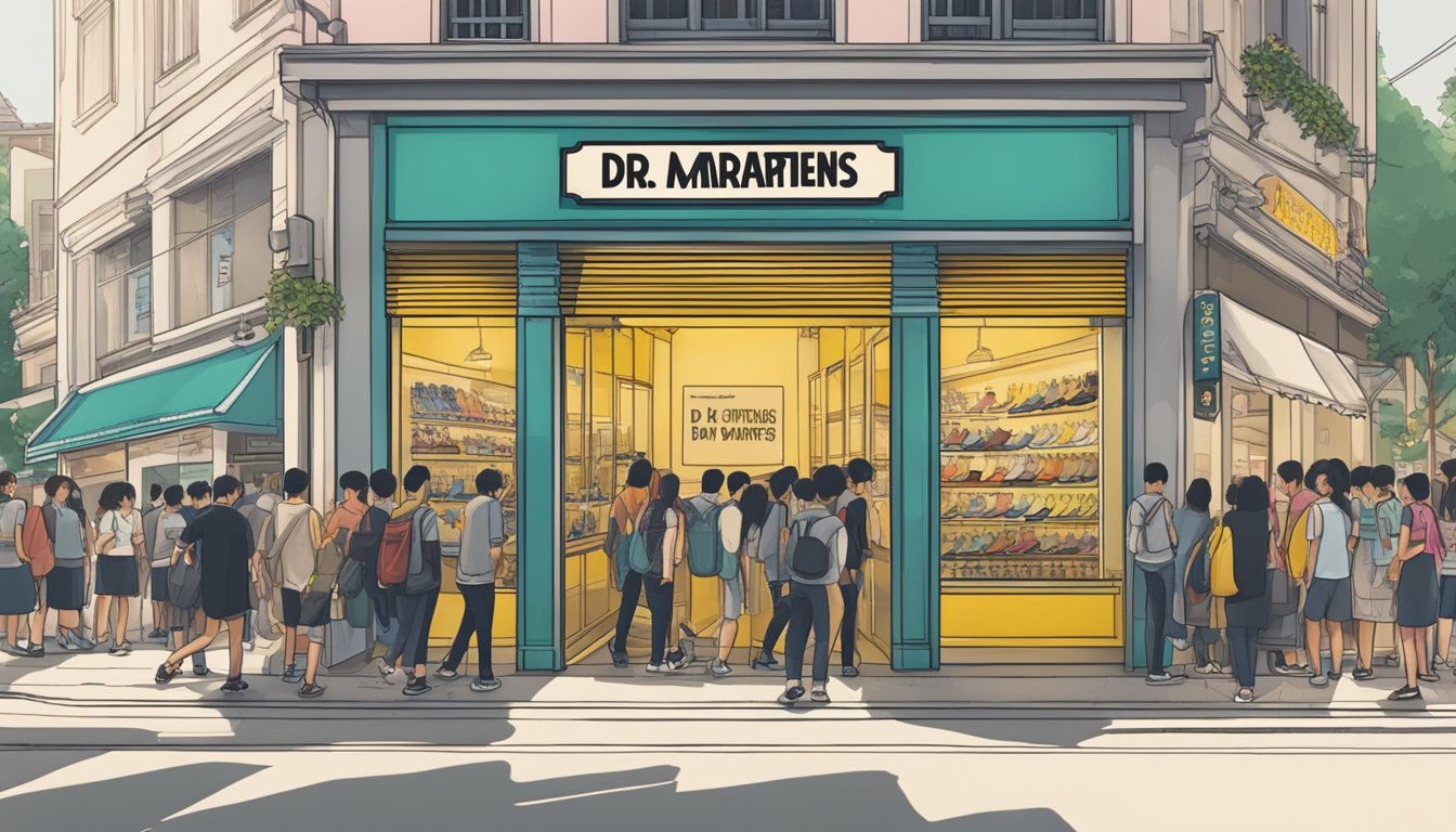 A store front with a sign reading "Where to Buy Dr. Martens" in Singapore. Displayed shoes and a crowd of people