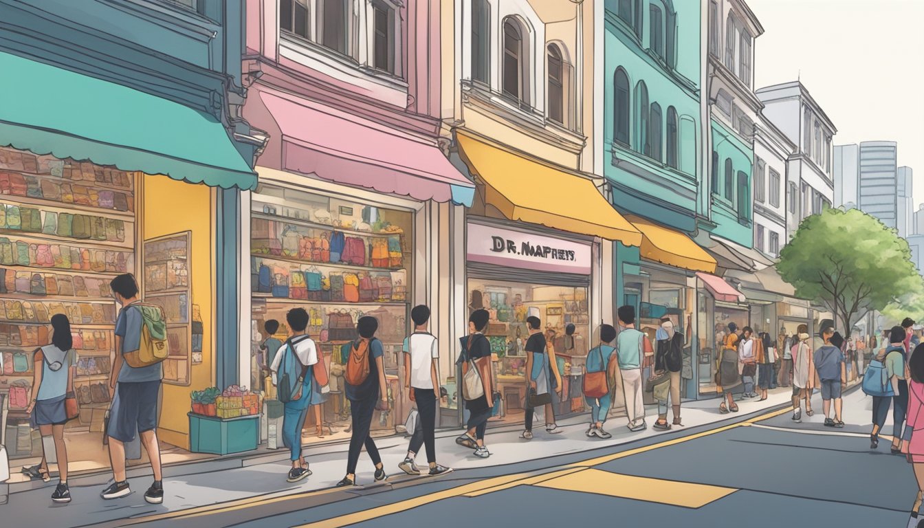 A bustling street in Singapore, with colorful storefronts and a prominent display of Dr. Martens footwear. Shoppers are seen browsing and trying on various styles