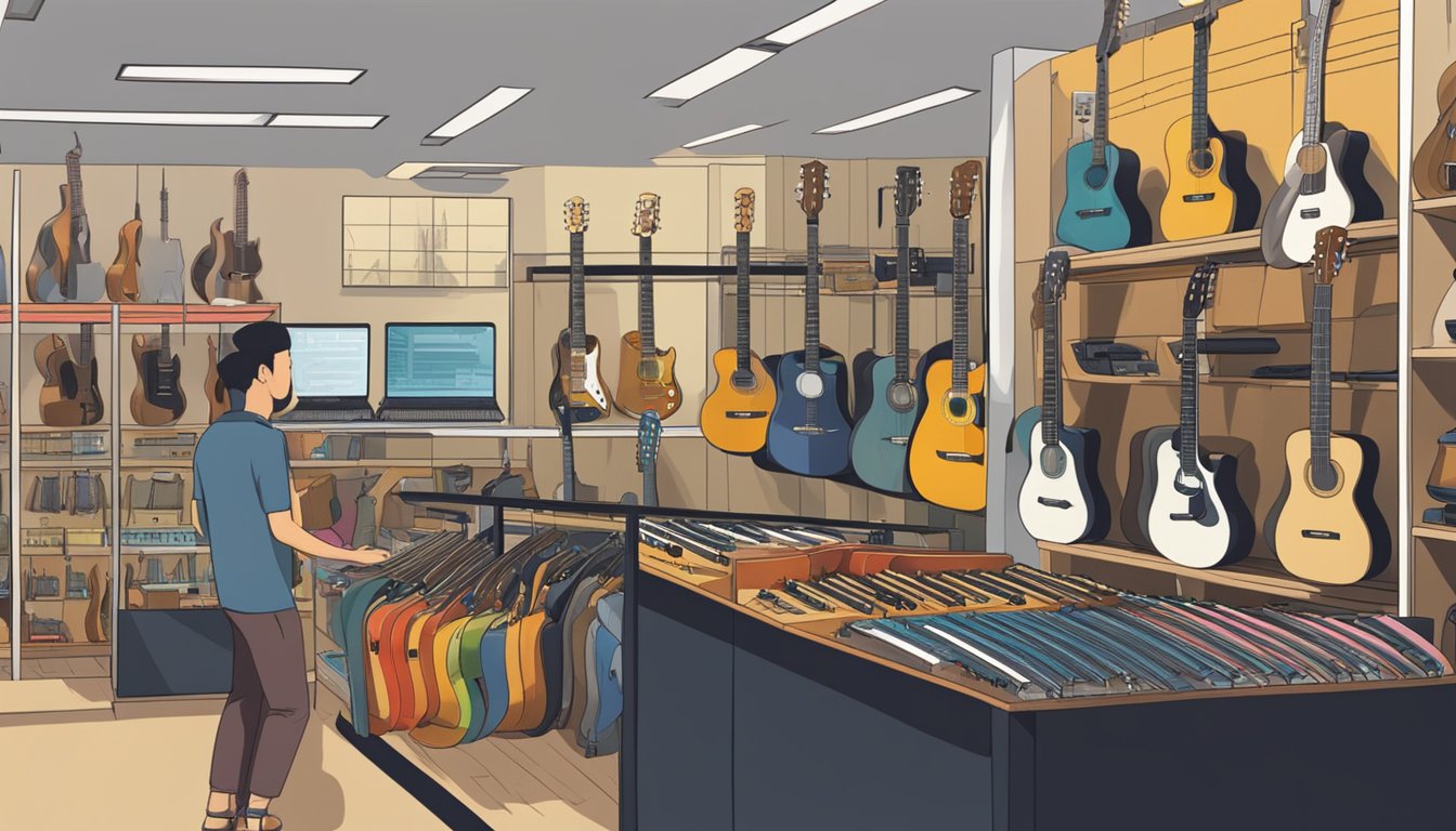 A music store in Singapore, with rows of guitars on display, a customer browsing, and a sign reading "Frequently Asked Questions" prominently displayed