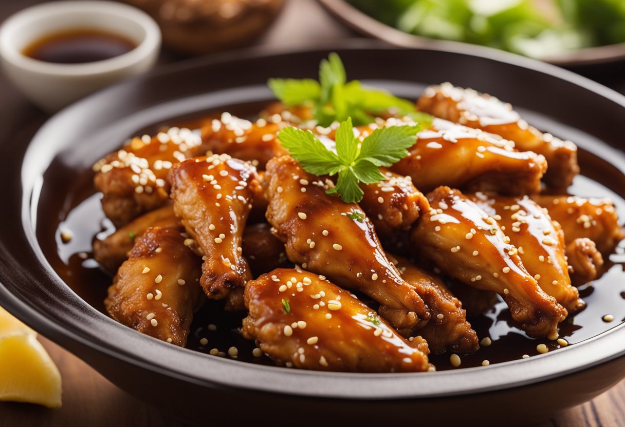 Chicken wings soaking in a mixture of soy sauce, ginger, garlic, and honey in a bowl. Vinegar and sesame oil nearby