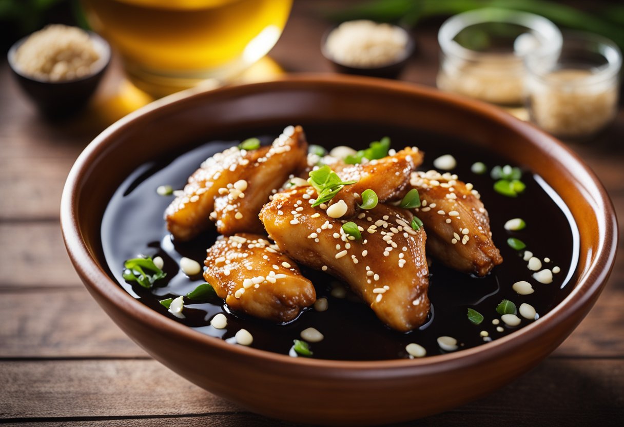 A bowl of soy sauce, garlic, ginger, honey, and sesame oil mixed together with raw chicken wings soaking in the marinade