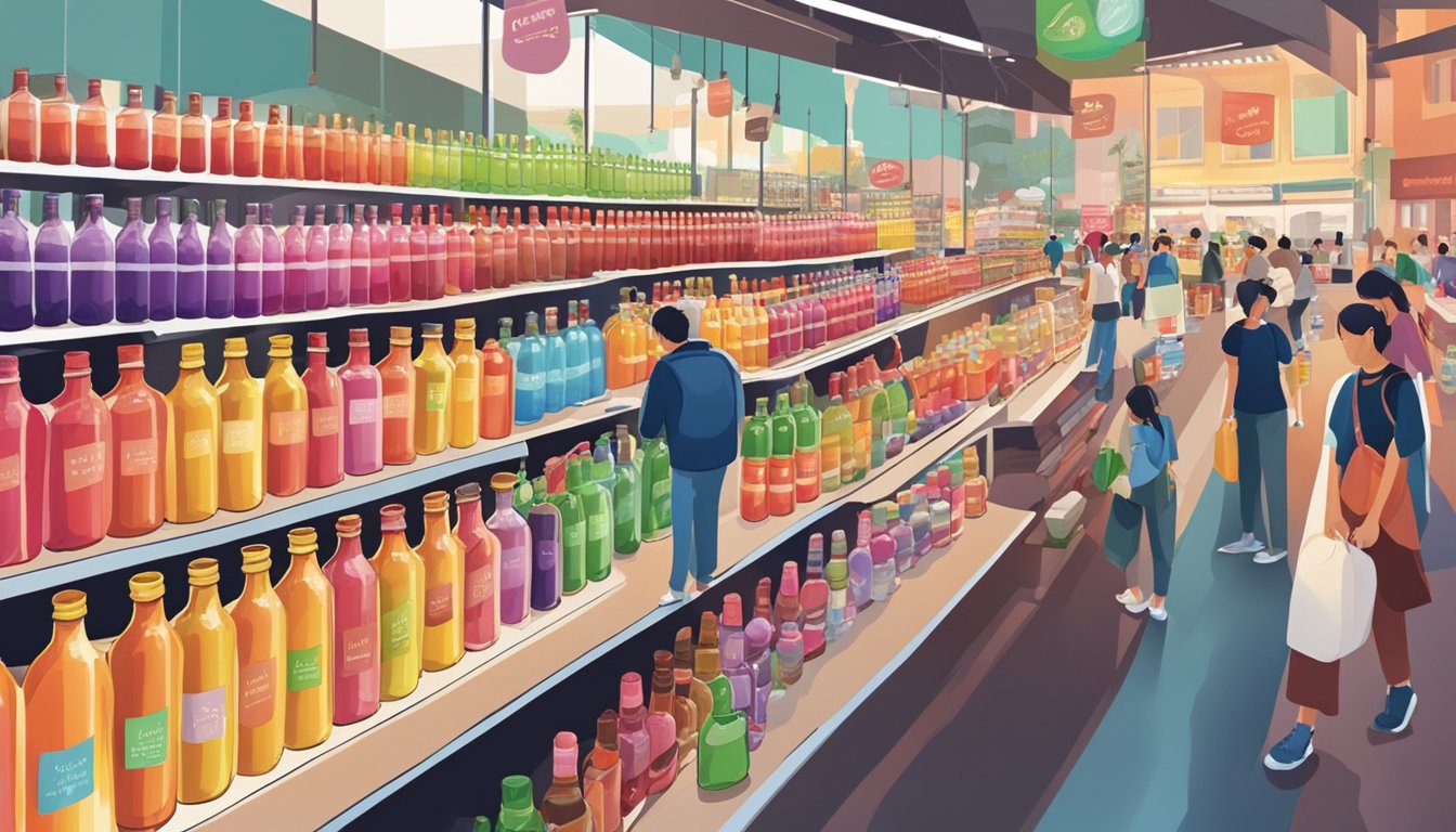 A bustling market stall displays rows of colorful kirsch bottles in Singapore. Shoppers browse the selection, while the vendor arranges the products with care