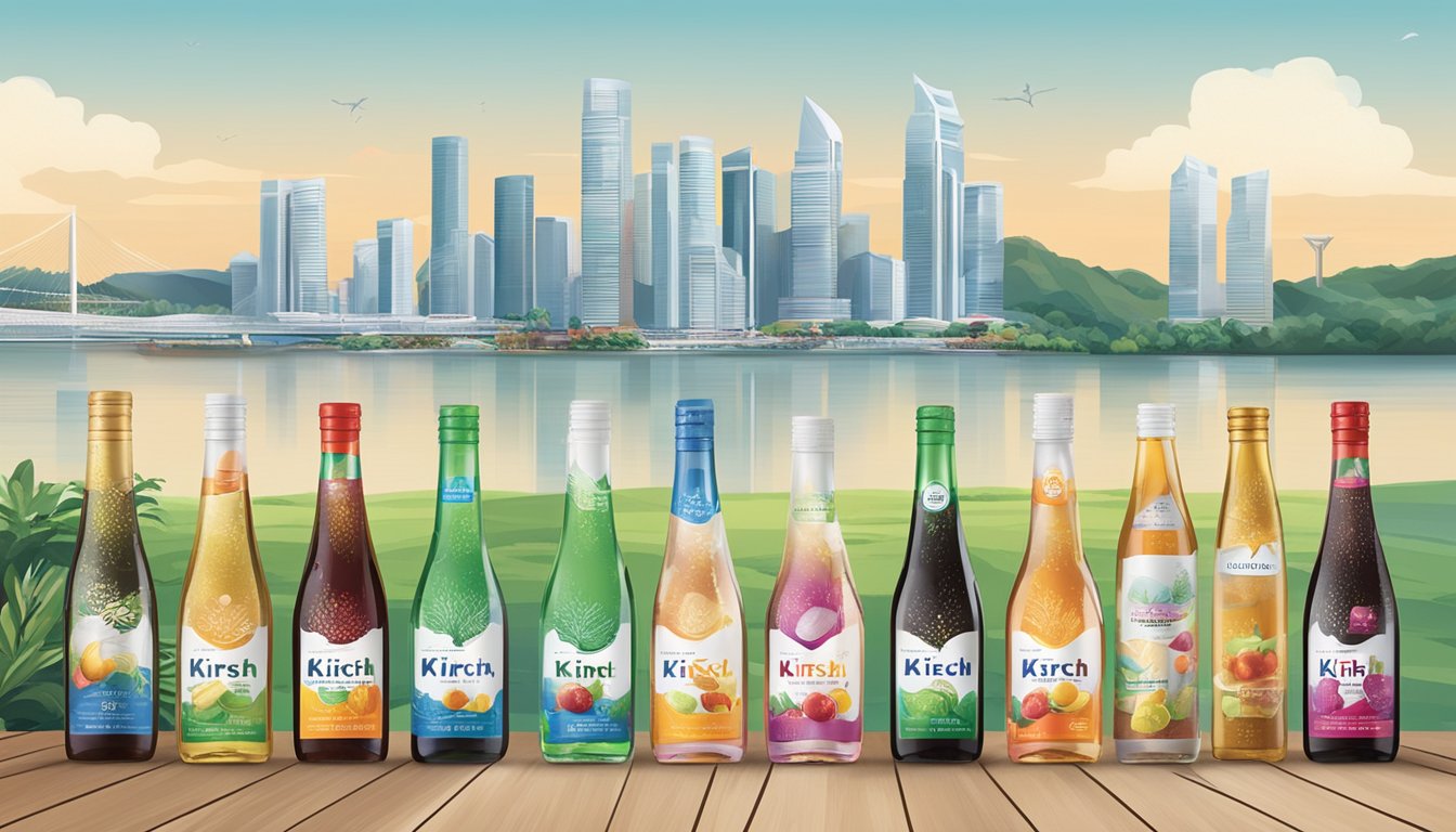 Various online retailers display bottles of Kirsch for sale with Singapore in the background. The product is prominently featured with clear labeling and pricing