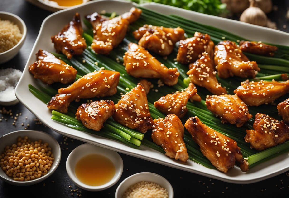 Chinese chicken wings marinating in a mixture of soy sauce, garlic, ginger, and honey in a glass bowl, surrounded by ingredients like sesame seeds and green onions