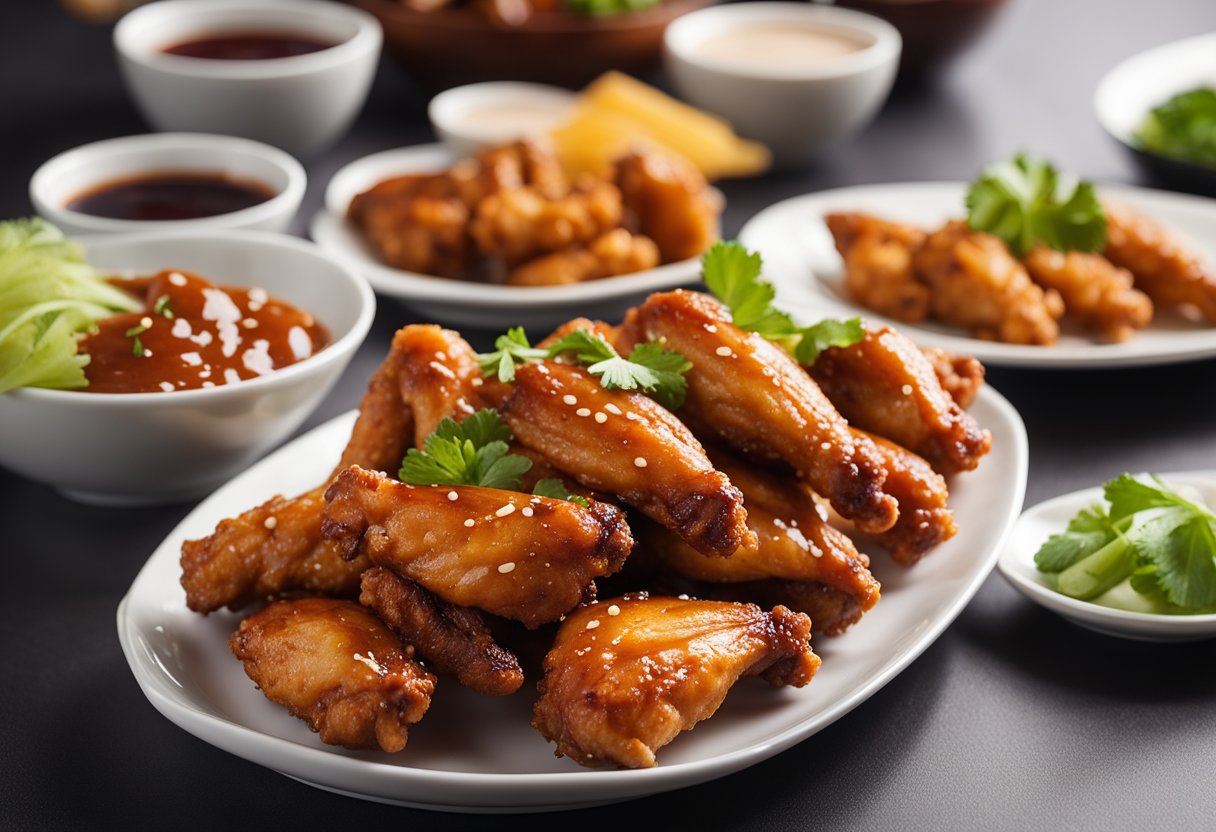 Chinese chicken wings arranged on a white platter with garnishes and a side of dipping sauce