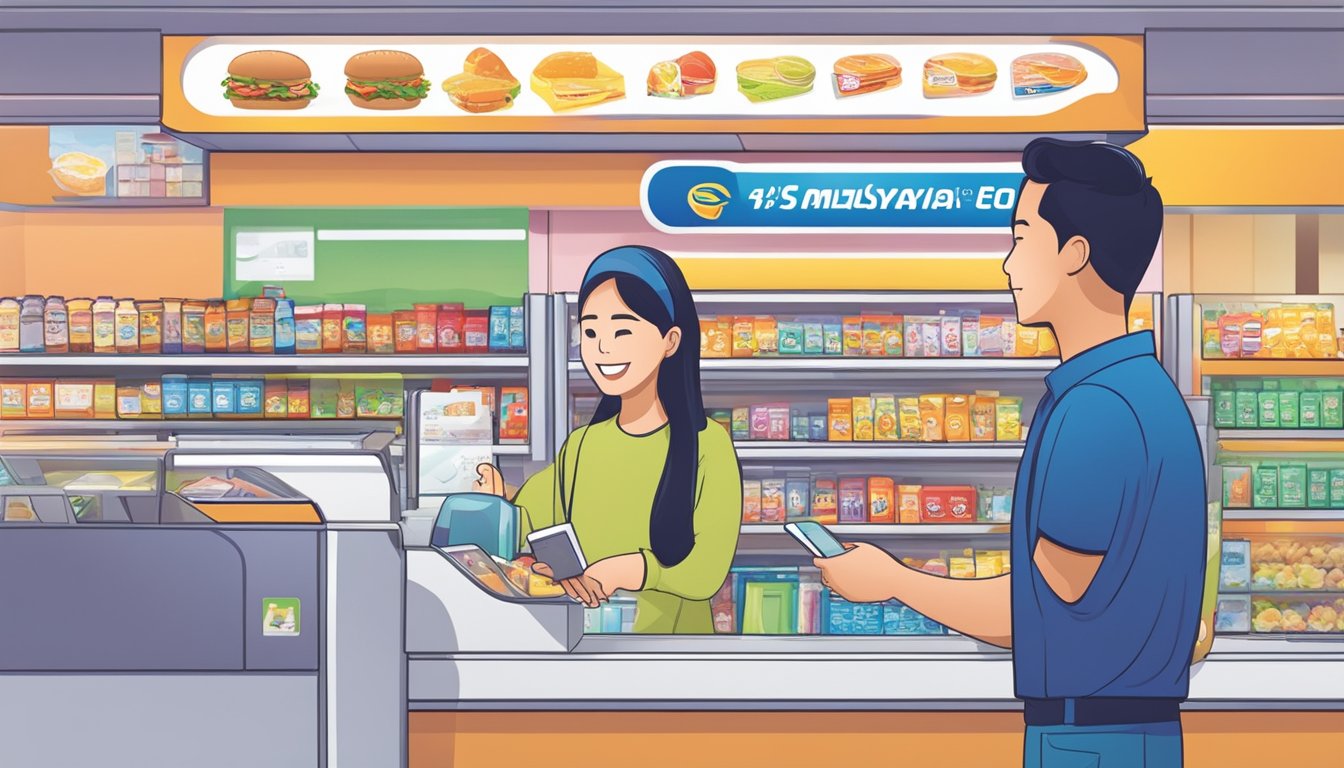 A customer purchasing a Malaysia Touch 'n Go card at a Singaporean convenience store counter