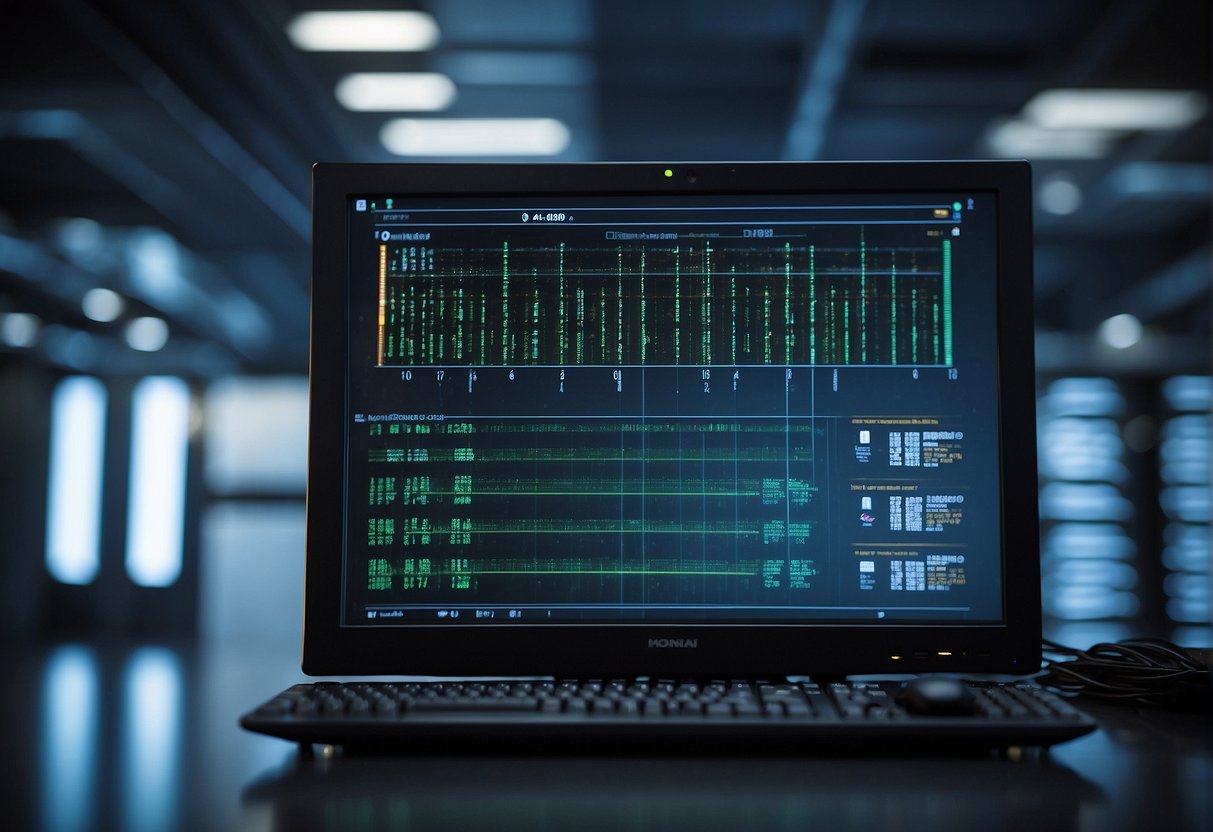 A computer monitor displays AI algorithms processing personalized video content. Cables connect to a server rack humming with activity