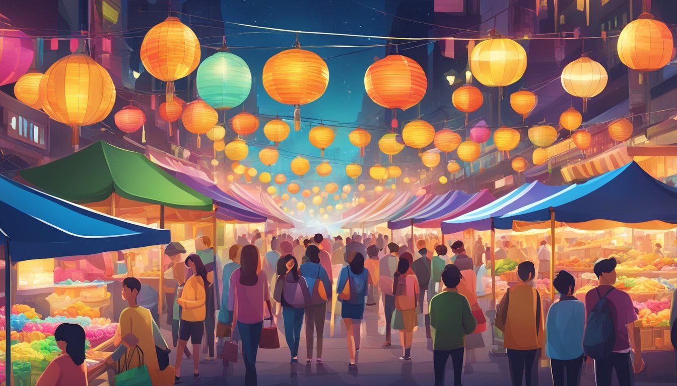Crowded night market with colorful stalls selling various lightsticks. Brightly lit signs and excited shoppers browsing through the vibrant selection