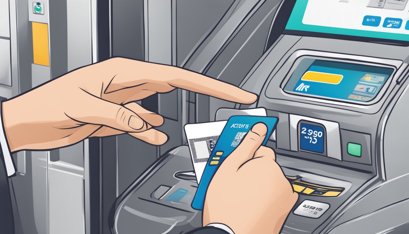 A person swiping a Touch 'N Go card at a ticketing machine in Singapore