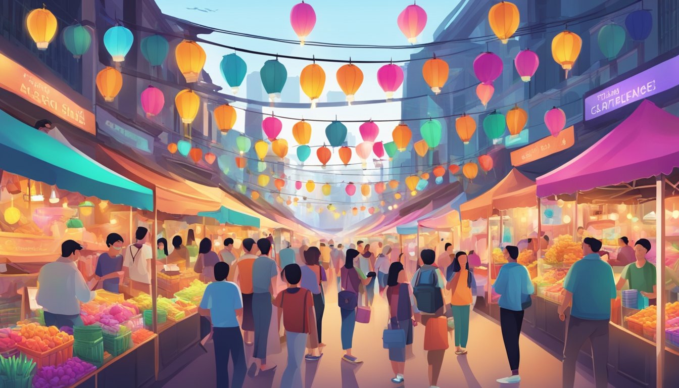 A crowded street market with vendors selling colorful lightsticks in Singapore. Bright signs and excited customers create a lively atmosphere