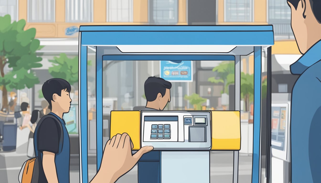 A hand reaching for a Touch 'n Go card at a kiosk in Singapore. The card is displayed prominently with a sign indicating it's for sale
