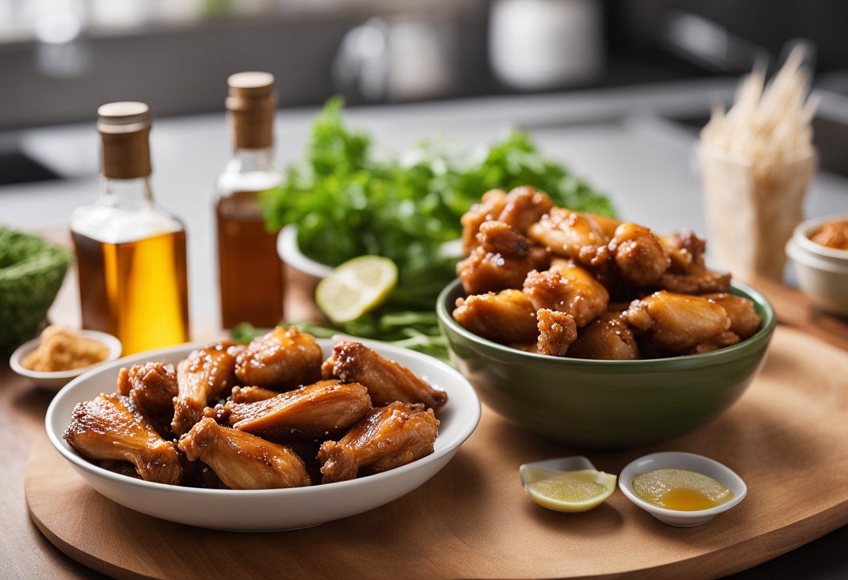 A bowl of marinade ingredients, including soy sauce, garlic, ginger, and honey, sits next to a pile of raw chicken wings on a clean kitchen counter