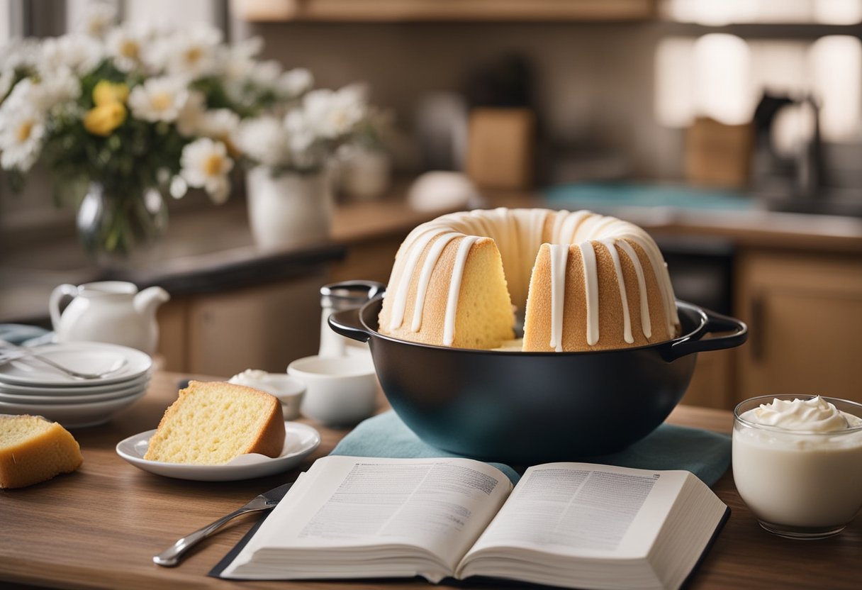 A kitchen counter with a mixing bowl, whisk, measuring cups, and a chiffon cake recipe book open to a page on Chinese chiffon cake