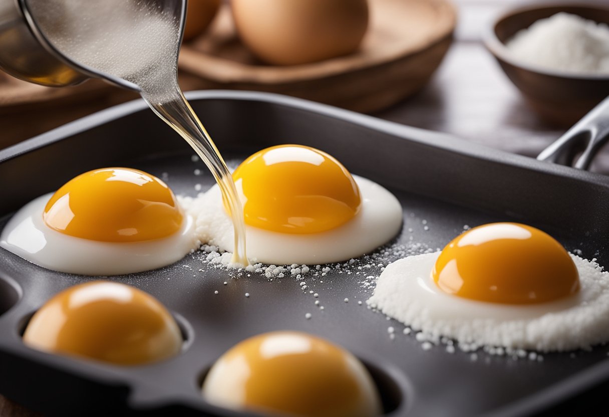 Eggs, sugar, and oil are whisked together. Flour, baking powder, and salt are added. The batter is poured into a tube pan and baked until golden brown
