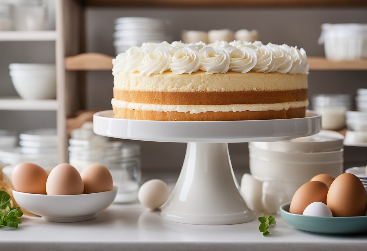 A chiffon cake sits on a pristine white cake stand, surrounded by fresh ingredients like eggs, flour, and sugar. Shelves of neatly organized storage containers line the background, filled with additional baking supplies