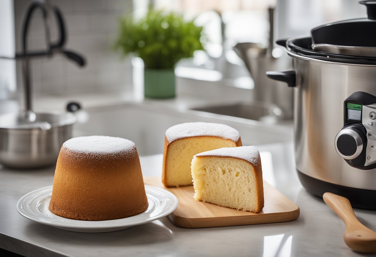A mixing bowl with ingredients, a whisk, and a chiffon cake pan on a kitchen counter. A recipe book open to "Frequently Asked Questions Chinese Chiffon Cake Recipe" beside the bowl