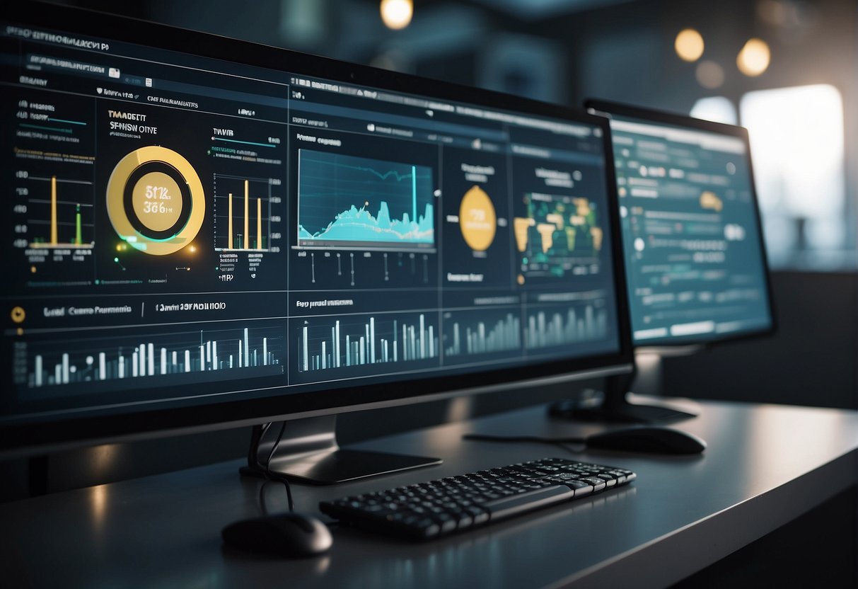 AI Video Personalization in action: A computer screen displaying customized video content for different user profiles, with data analytics charts in the background