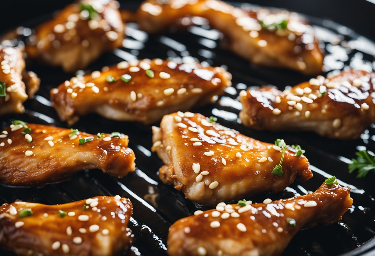 Chicken wings marinating in soy sauce, garlic, and ginger, ready to be cooked in a sizzling hot pan