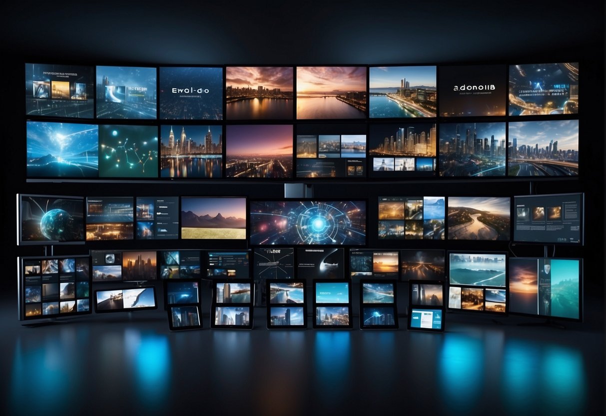 Multiple screens displaying personalized videos, AI algorithms analyzing data, and a network of distribution channels connecting to various platforms