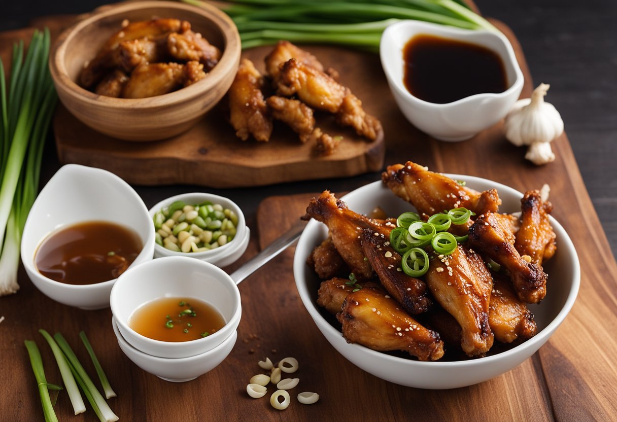 A bowl of chicken wings, soy sauce, garlic, ginger, and green onions on a wooden cutting board with a knife and measuring spoons nearby