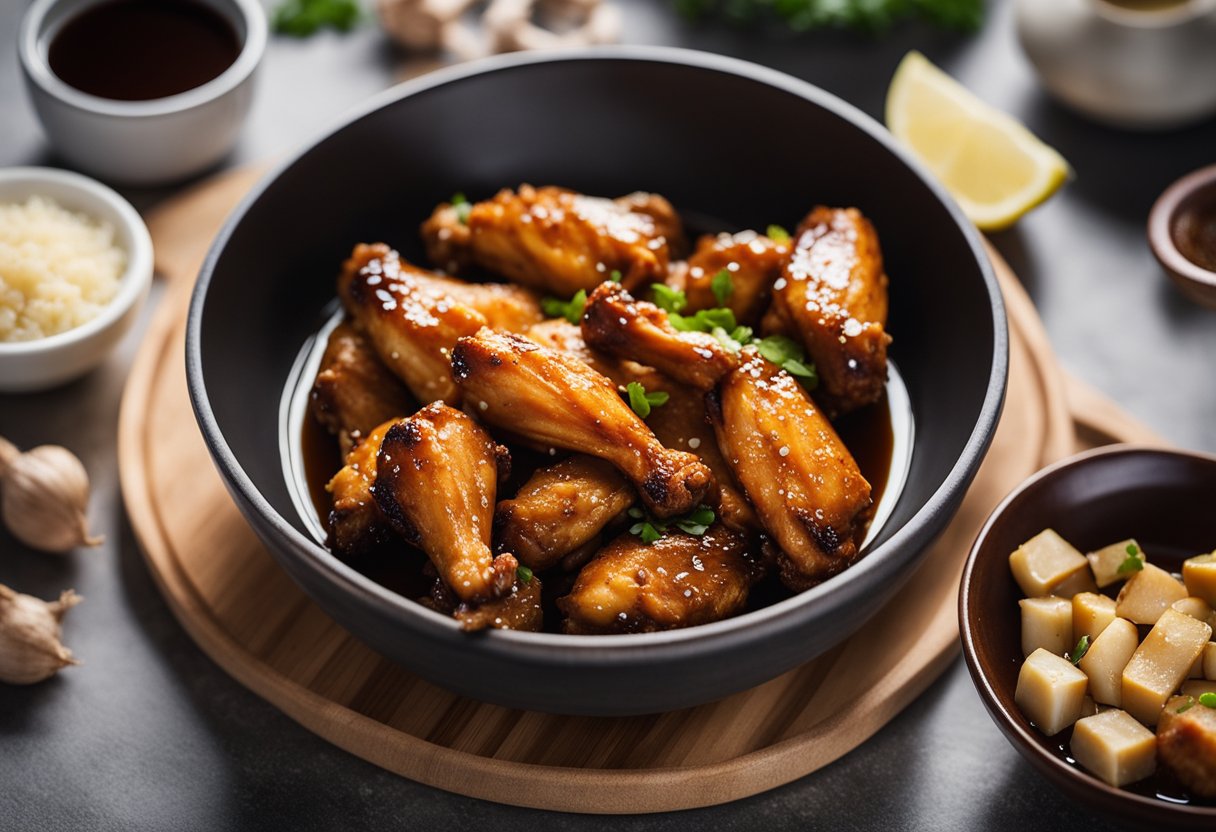 A bowl of chicken wings marinating in soy sauce, garlic, and ginger. Ingredients laid out on a kitchen counter, ready to be used