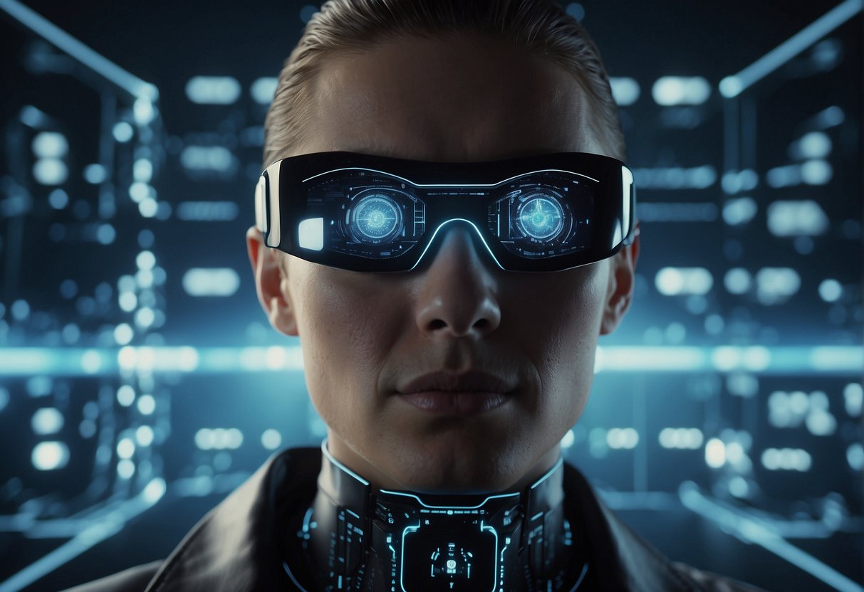 A futuristic AI system analyzes and customizes video content for individual viewers, with data streams and algorithms visualized in a sleek, high-tech interface