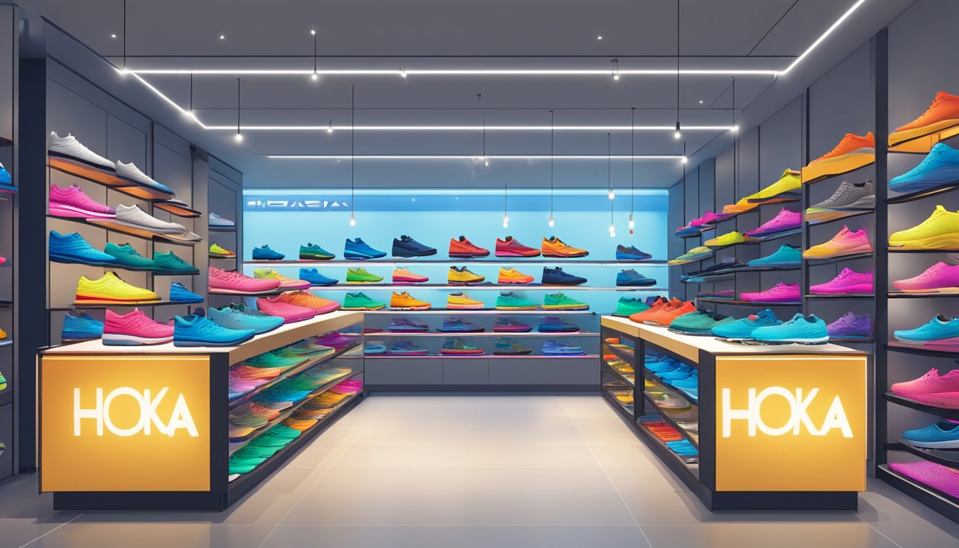 A colorful display of Hoka shoes in a modern Singaporean shoe store. Bright lights illuminate the shelves, showcasing a variety of sizes and styles