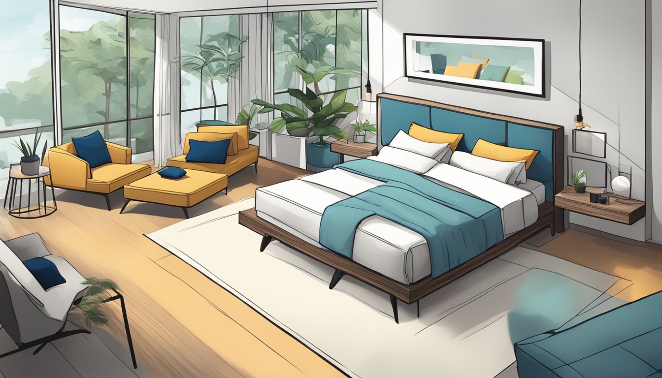 A customer purchases a bed frame in a modern furniture store in Singapore